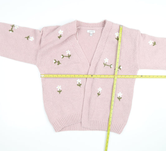 Wild Flower Women Pink Floral Embroidered V-Neck Cardigan M