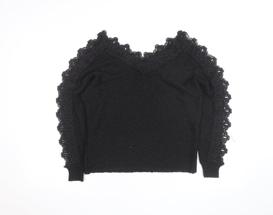Additional front view of Wild Flower Women's Black V-Neck Lace Trim Knit Jumper, size M