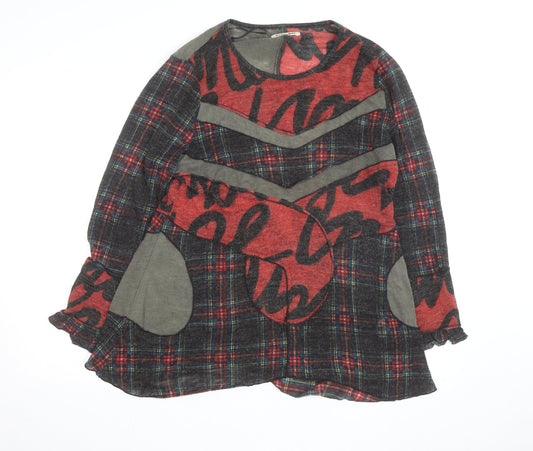Additional front view of Gerard women’s red checked patchwork tunic top, size UK 16, wool blend long sleeve