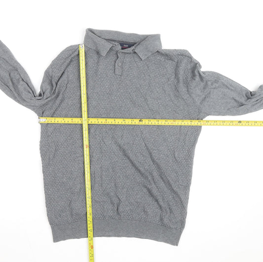 EASY Men's Grey Collared Cotton Henley Jumper Size M