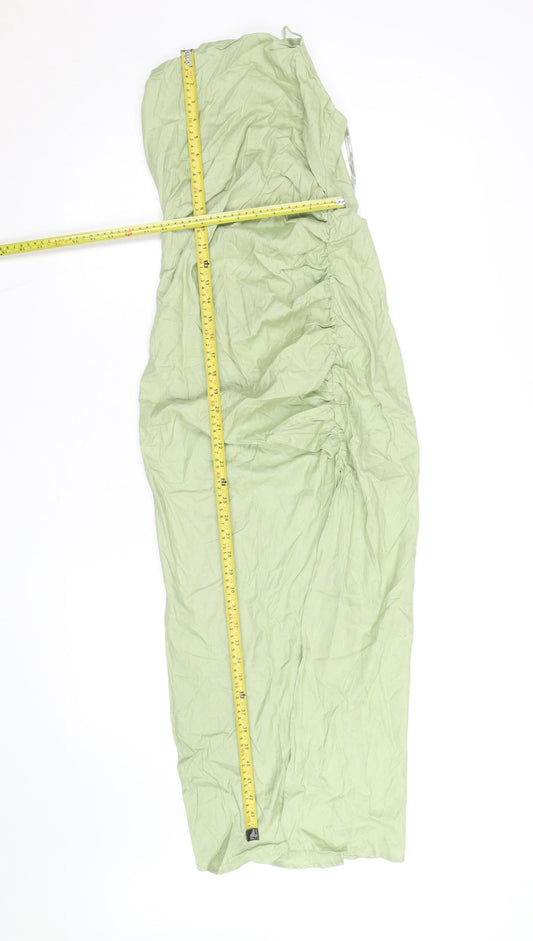 Zara Women’s Green Linen One Shoulder Ruched Midi Dress Size 8
