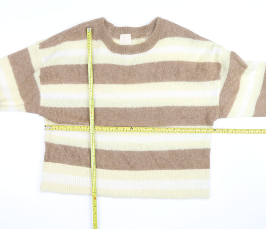 H&M Women Beige Stripe Mohair Blend Relaxed Fit Jumper L