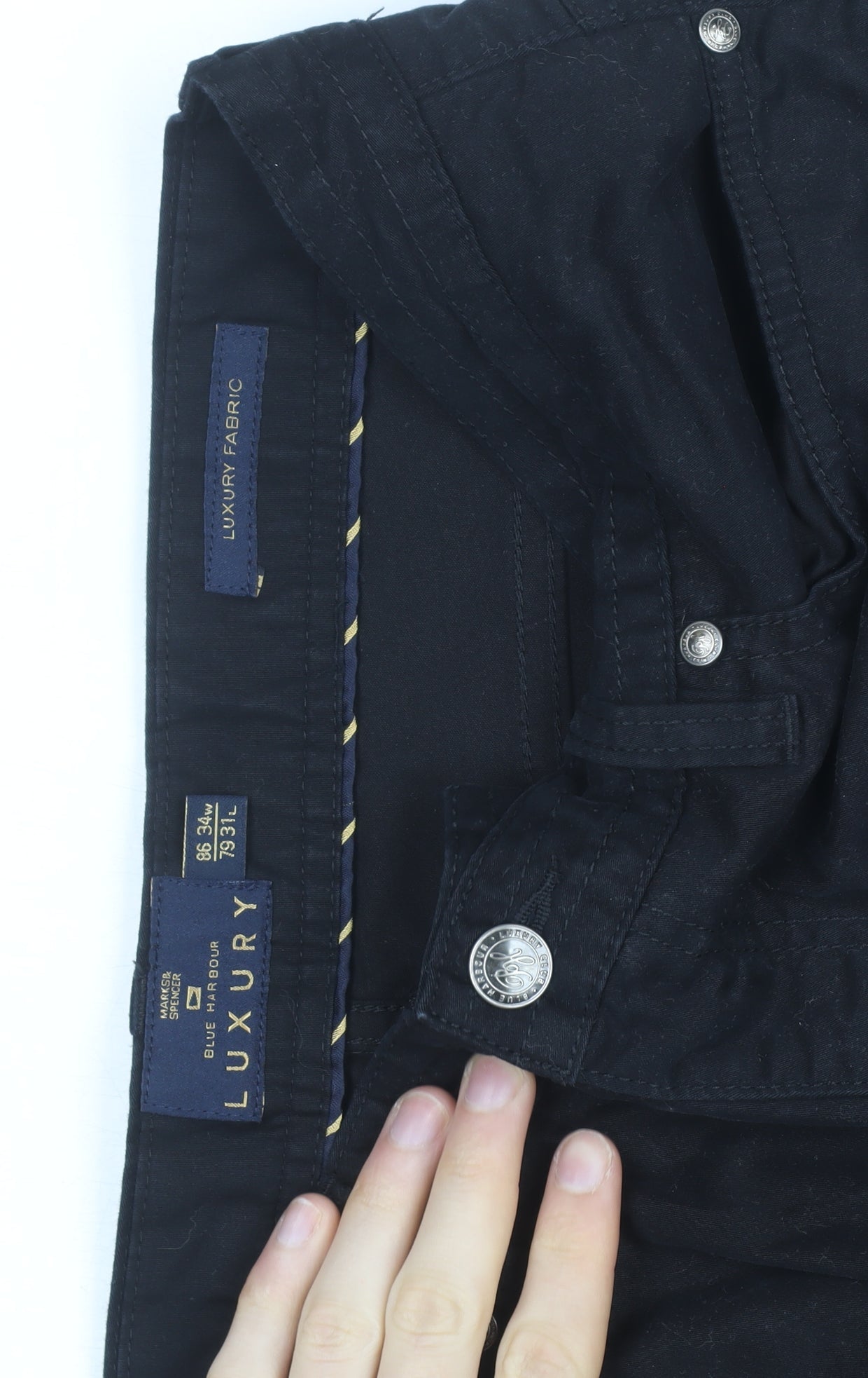 Marks and Spencer Blue Harbour Black Mens Chino Trousers 34W 31L Cotton Blend