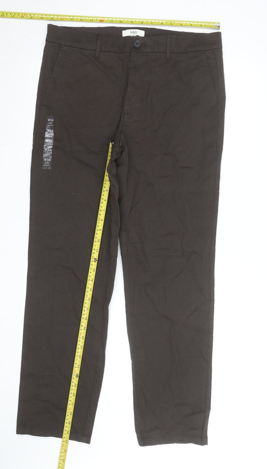 Marks and Spencer Men's Brown Chino Trousers W34 L31 Regular Fit