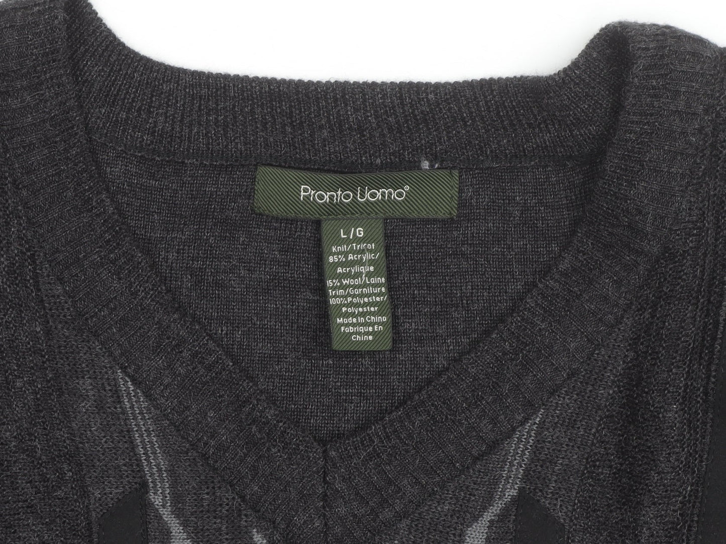 Pronto Uomo Men's Grey V-Neck Geometric Knit Wool Blend Jumper L