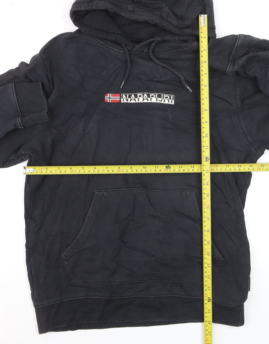 Napapijri Men Black Pullover Hoodie M Logo Graphic Cotton Fleece