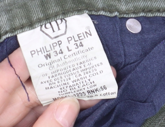 Philipp Plein Men's Green Straight Jeans W34 L34 Cotton Denim