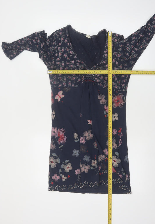 White Stuff Women's Blue Floral Cotton V-Neck Knee Length Dress Size 12