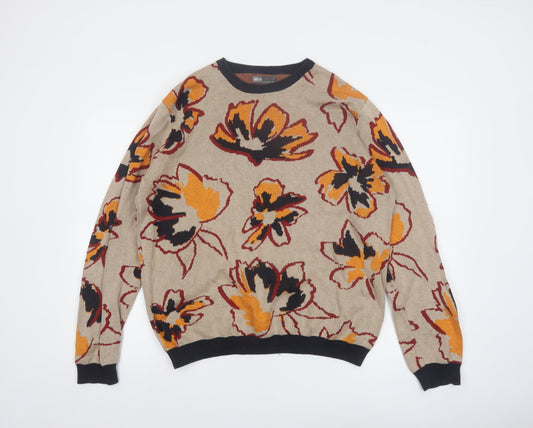 ASOS Women’s Beige Floral Cotton Jumper Size L Crew Neck Knit