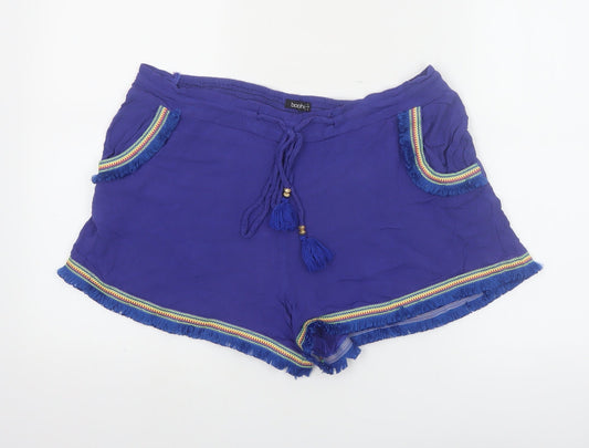 Boohoo Women's Blue Fringe Tassel Boho Drawstring Viscose Shorts UK 12