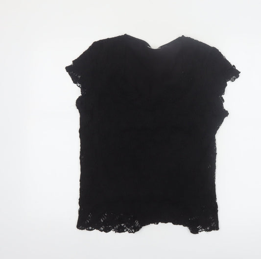Additional front view of Roman Originals Women Black Lace V-Neck Short Sleeve Blouse M