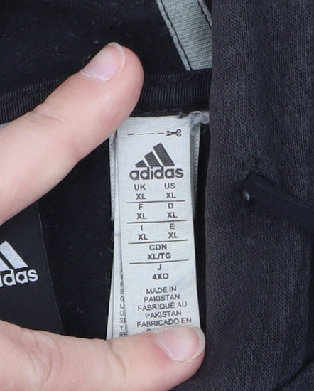 Brand and care label for Adidas men’s black xl full zip hoodie sports fleece sweatshirt