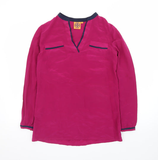 Additional front view of Tory Burch women’s pink long sleeve silk polo top, size S