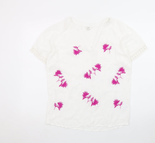 Cotton Traders Womens White Embroidered Floral Tunic Blouse Size 8