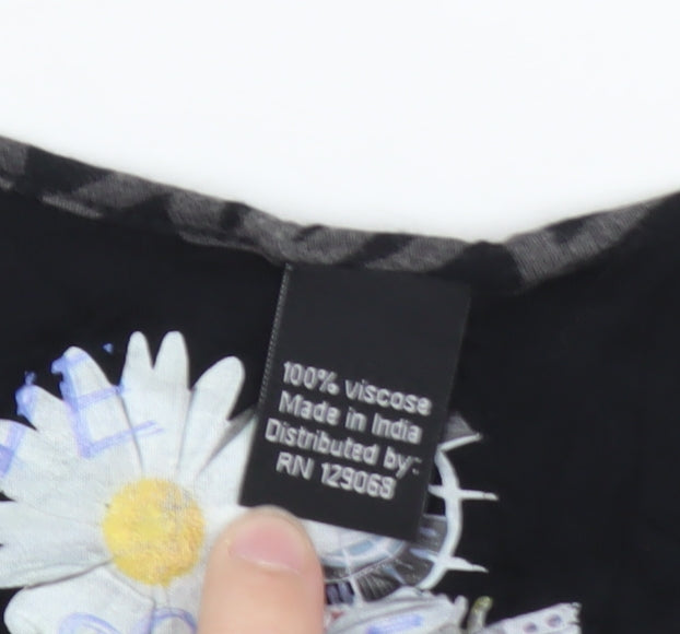 Desigual Womens Black Floral Art T-Shirt M Viscose Short Sleeve