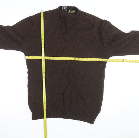 Grendale Mens Brown Wool V-Neck Jumper with Elbow Patches Size M