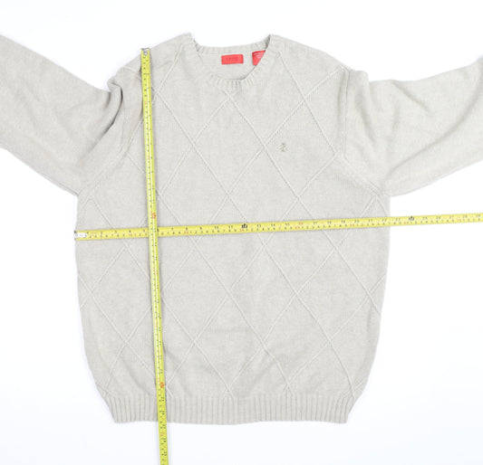 Izod Men's Beige Cotton Argyle Crew Neck Jumper Size L