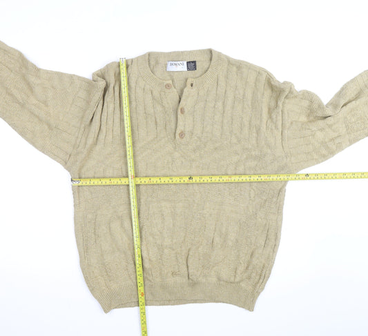 Domani Men Beige Henley Knit Jumper L Cable-Knit Acrylic Cotton Linen