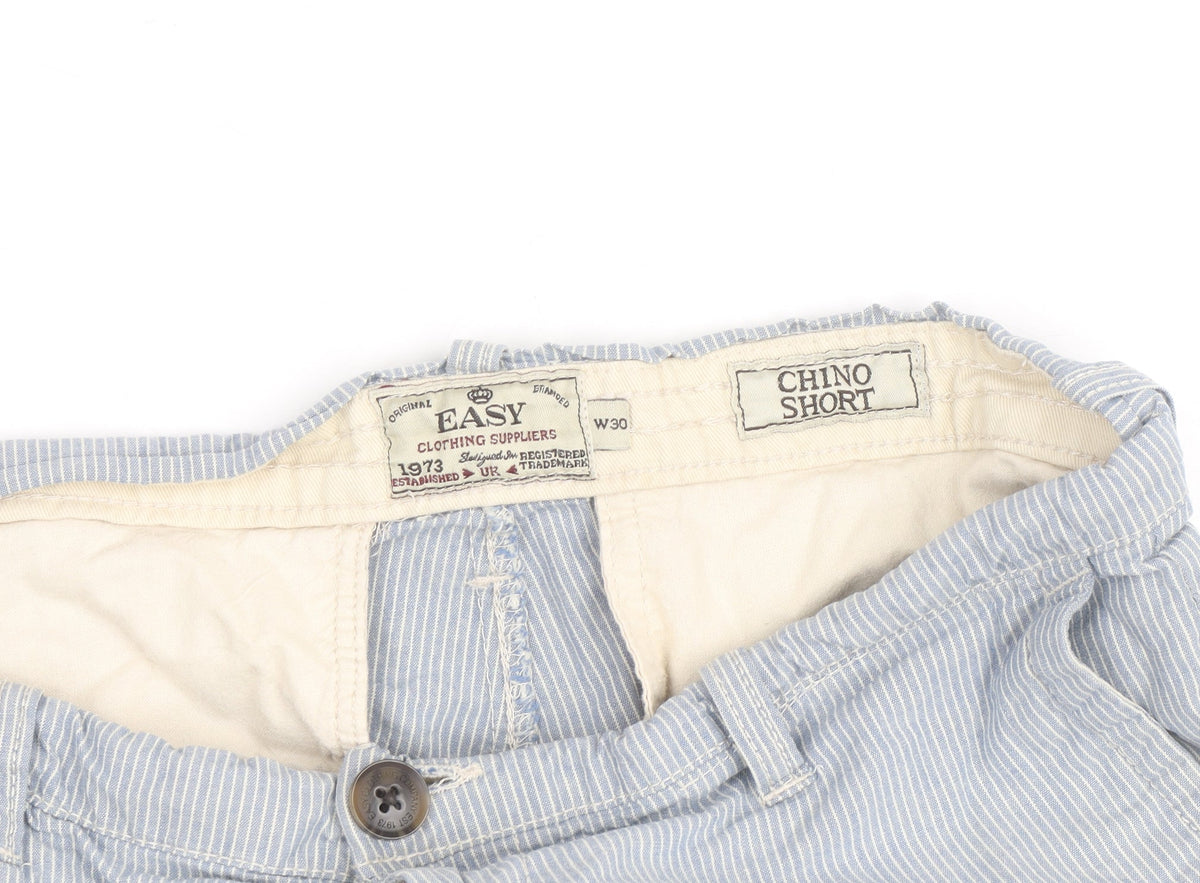 Brand and care label for Easy Men’s Blue Striped Chino Shorts, size M, 30in Casual Summer Style
