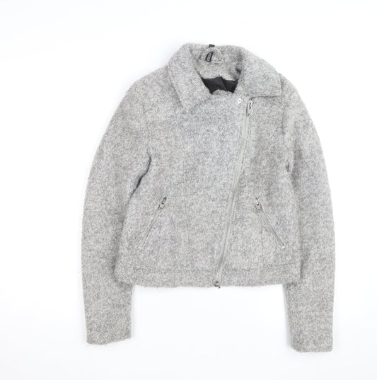 H&M Divided Women’s Grey Wool Biker Jacket Size 10 Lined Zip Style