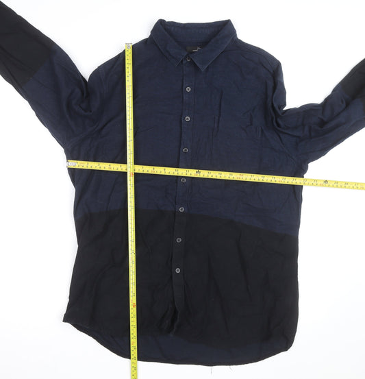 Marc Anthony Men's Blue Colourblock Slim Fit Cotton Button-Up Shirt XL