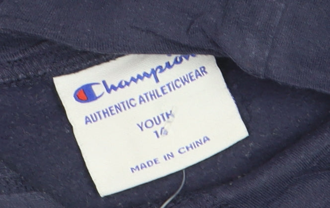 Brand and care label for Champion boys’ blue pullover hoodie youth 14 years casual logo fleece