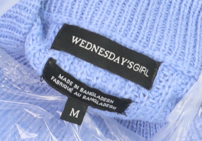 Wednesday's Girl Women's Blue High Neck Fringe Knit Jumper Size M