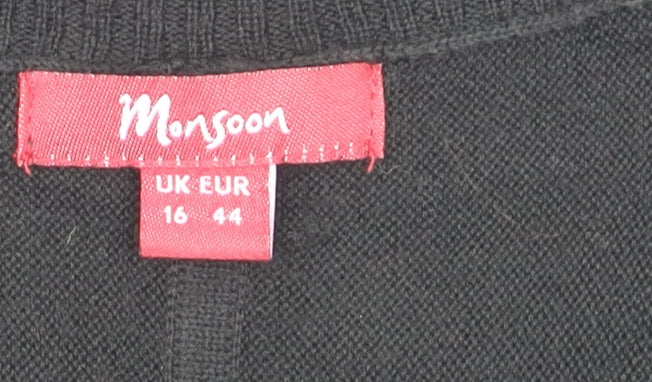 Monsoon Women Black Wool Blend Long Sleeve Open Cardigan Size 16