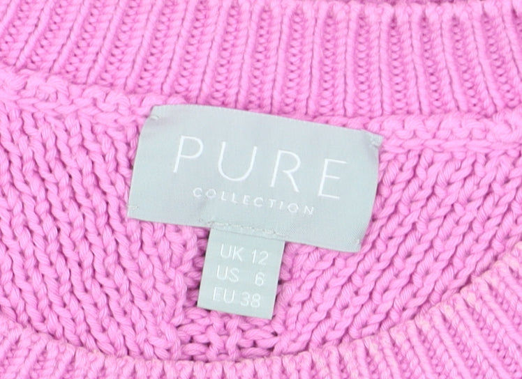 Additional view of Pure Collection Women’s Pink Cotton Chunky Knit Crew Neck Jumper, size UK 12