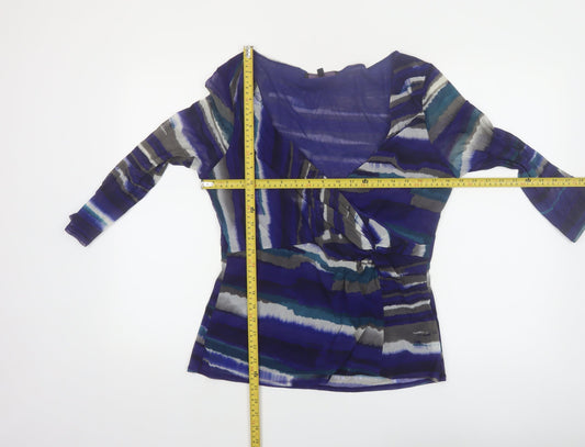Coast Women's Blue Stripe Wrap Blouse Size 18 V-Neck 3/4 Sleeve