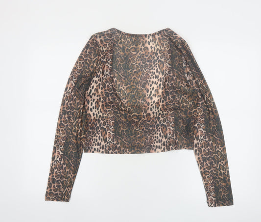 Additional front view of ASOS DESIGN Women’s Brown Leopard Print Mesh Cropped Long Sleeve Top M