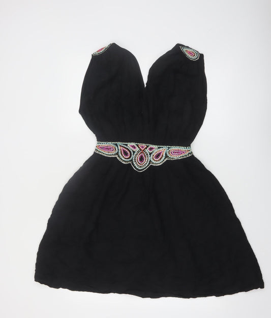 Additional front view of French Connection Women's Black Beaded A-Line Party Dress, size 8
