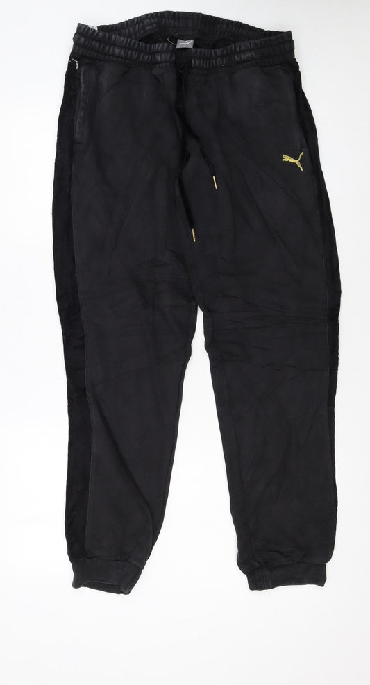 Additional front view of Puma women’s black xl jogger trousers with gold logo