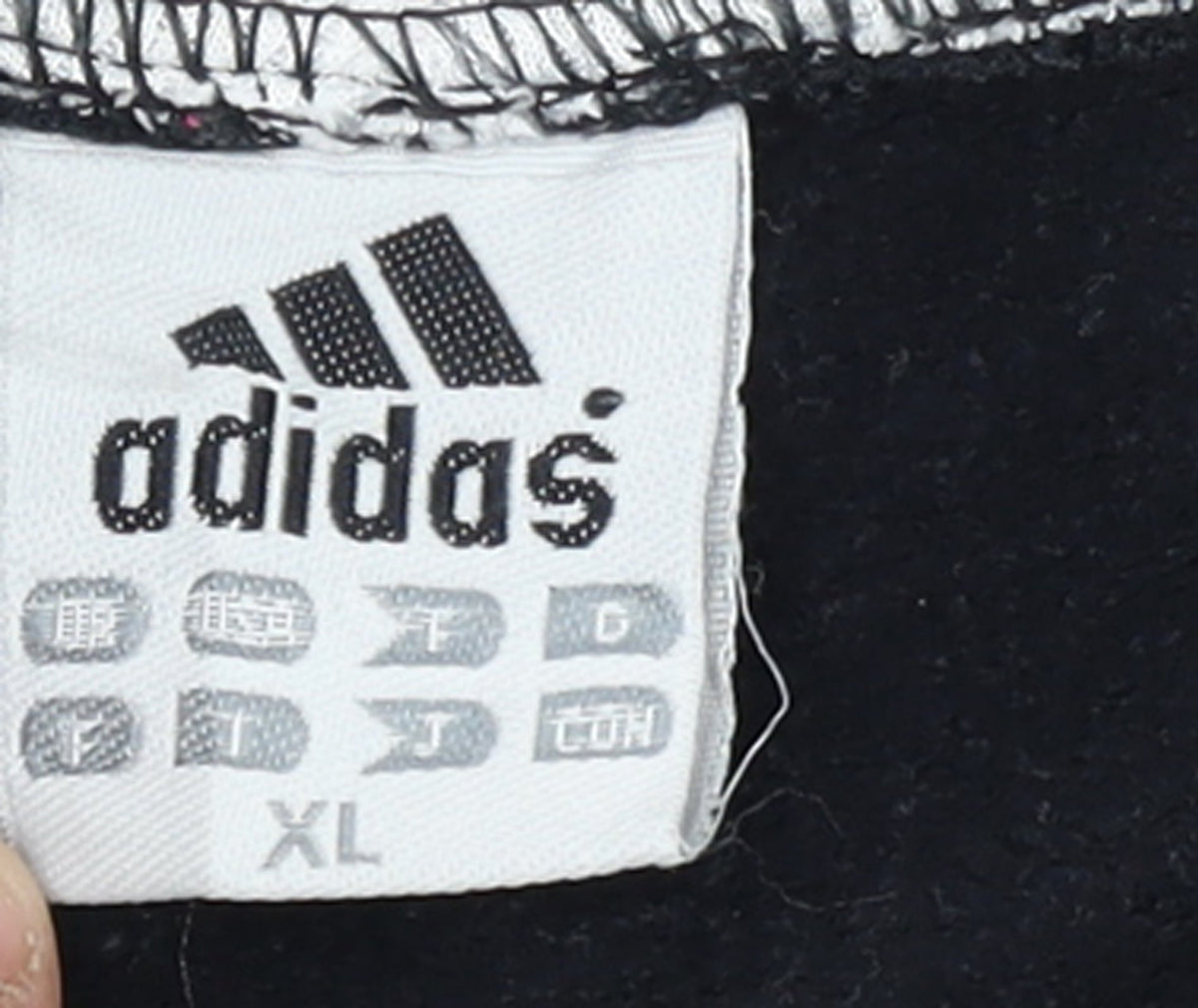 Brand and care label for Adidas men’s grey xl full zip hoodie fleece sweatshirt