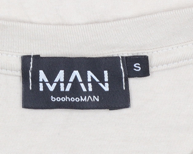 Brand and care label for boohooMAN Men's Beige Cali Los Angeles Graphic Regular Fit T-Shirt, size S