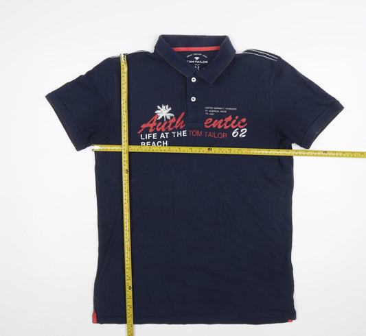 Tom Tailor Men's Blue Regular Fit Cotton Graphic Polo Shirt M