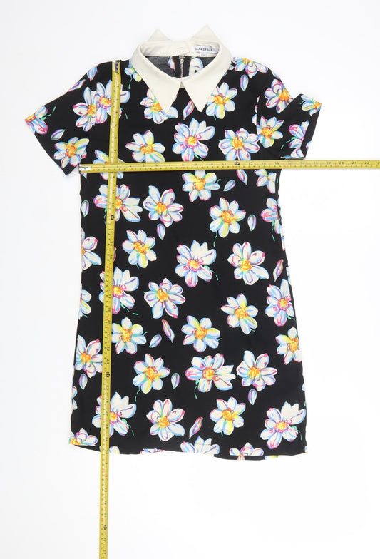 Glamorous Women’s Black Floral Collared Short Sleeve Shift Dress XS