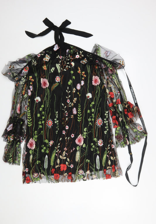 PRETTYLITTLETHING Women’s Black Floral Mesh Halter A-Line Dress Size 10
