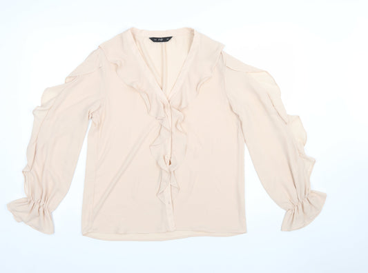 F&F Women Beige Ruffle V-Neck Chiffon Blouse UK 10