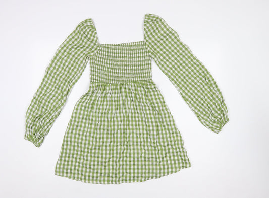 PRETTYLITTLETHING Women’s Green Check Puff Sleeve Short A-Line Dress UK 6