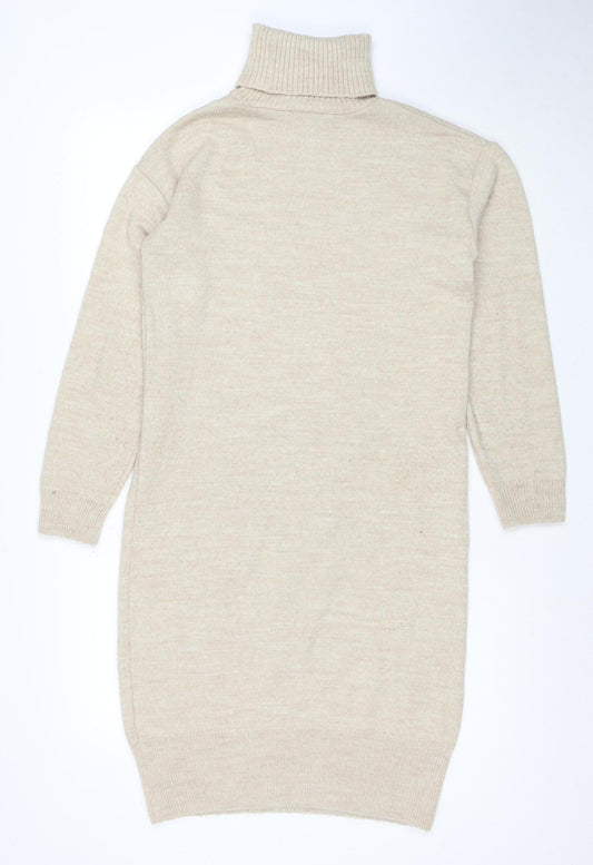 Dorothy Perkins Women Beige Wool Blend Roll Neck Jumper Dress Size 10