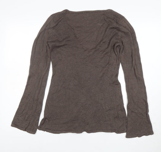 Karen Cole Women Brown V-Neck Long Sleeve Linen Cotton Jumper L