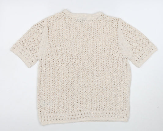 Marks and Spencer Women Beige Open Knit Short Sleeve Jumper M