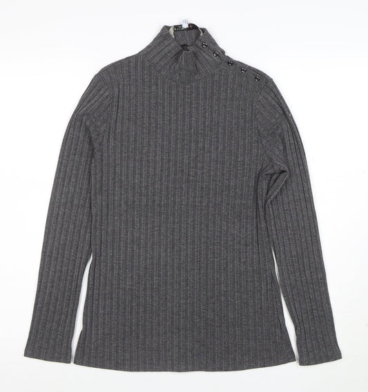 Additional front view of Principles by Ben de Lisi Petite Women's Grey Roll Neck Button Knit Top, size 12
