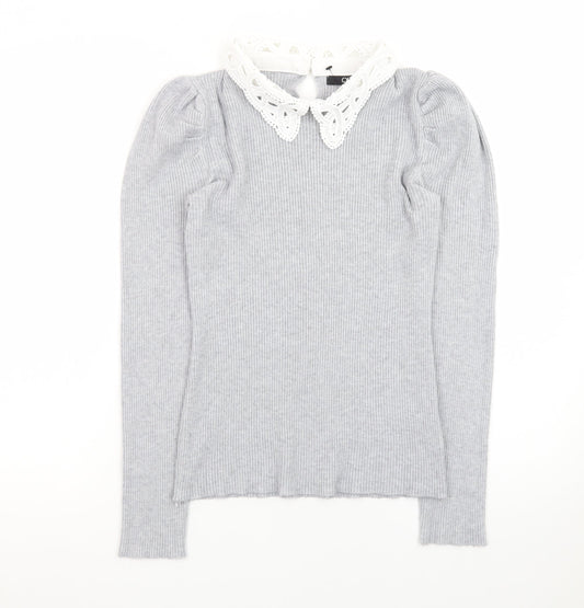 Quiz Women Grey Collared Lace Trim Slim Fit Long Sleeve Jumper