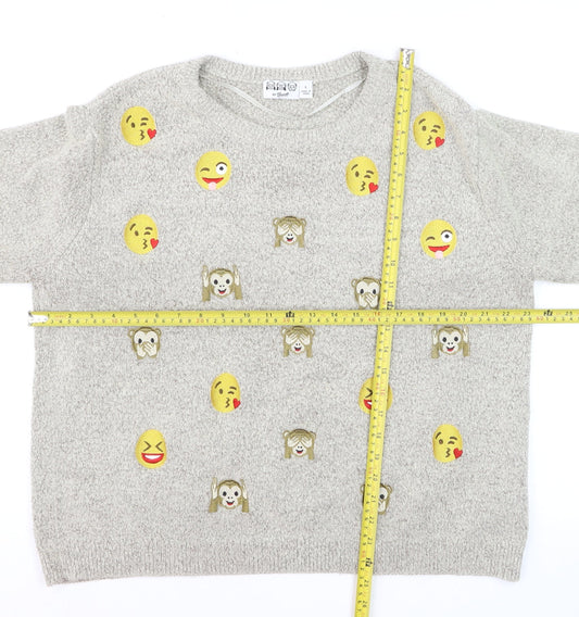 By Bravado Women Grey Emoji Pullover Jumper L Knit Crew Neck
