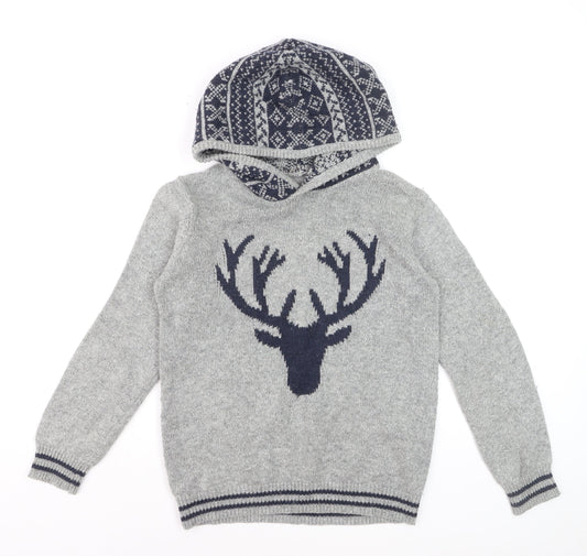 FatFace Boys Grey Hooded Deer Knit Jumper 12-13 Years Cotton Blend Winter