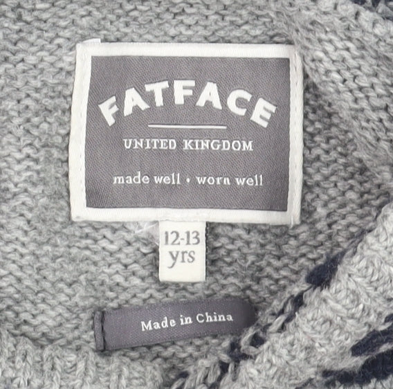 FatFace Boys Grey Hooded Deer Knit Jumper 12-13 Years Cotton Blend Winter