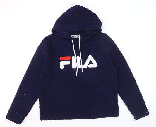 Additional front view of Fila Women Navy Blue Hooded Pullover Hoodie, size L, Fleece Logo