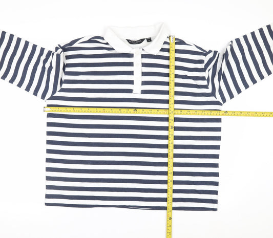 Brave Soul Men's Blue White Striped Long Sleeve Collared Rugby Shirt M